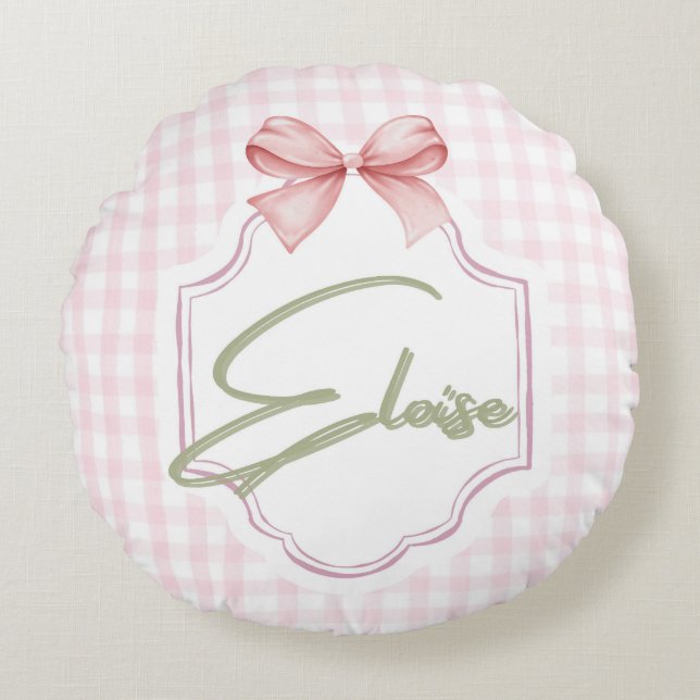 Personalized Eloise Baby Girl Nursery Bow&Gingham Round Cushion (Front)