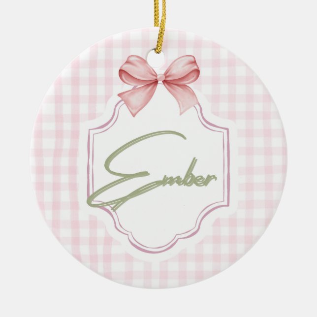 Personalized Ember Baby Girl Nursery Bow&Gingham  Ceramic Tree Decoration (Front)