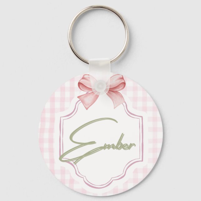 Personalized Ember Baby Girl Nursery Bow&Gingham  Key Ring (Front)