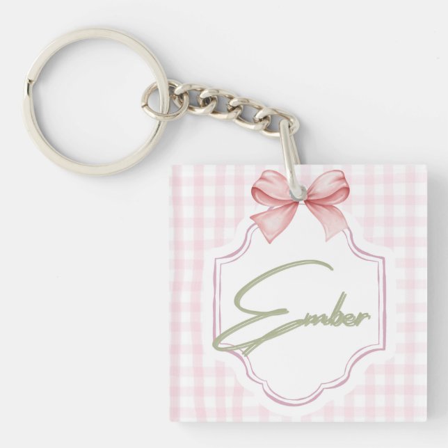 Personalized Ember Baby Girl Nursery Bow&Gingham  Key Ring (Front)