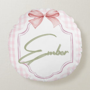 Personalized Ember Baby Girl Nursery Bow&Gingham Round Cushion