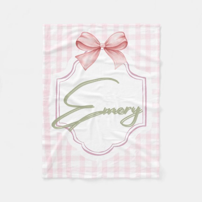 Personalized Emery Baby Girl Nursery Bow&Gingham Fleece Blanket (Front)