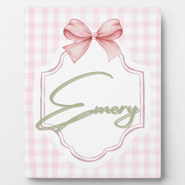 Personalized Emery Baby Girl Nursery Bow&Gingham Plaque (Front)