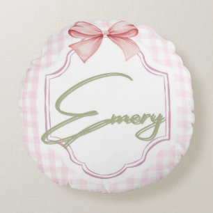 Personalized Emery Baby Girl Nursery Bow&Gingham Round Cushion