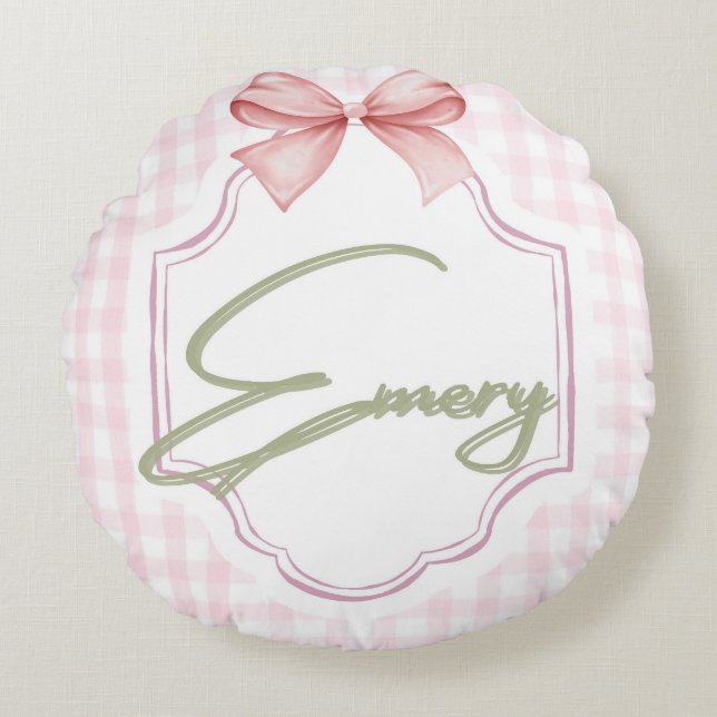 Personalized Emery Baby Girl Nursery Bow&Gingham Round Cushion (Front)