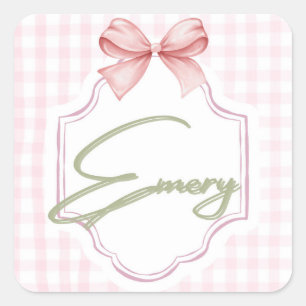 Personalized Emery Baby Girl Nursery Bow&Gingham Square Sticker