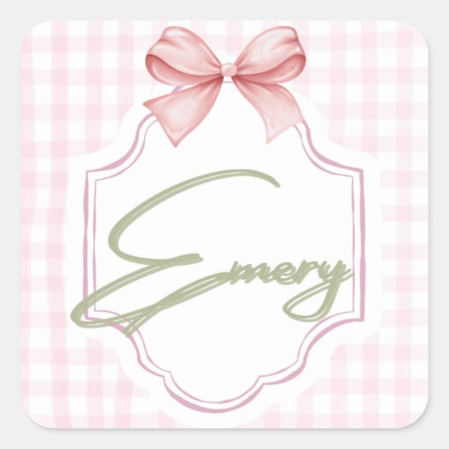 Personalized Emery Baby Girl Nursery Bow&Gingham Square Sticker (Front)
