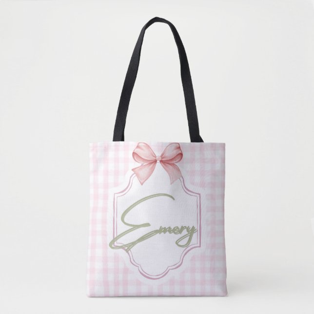 Personalized Emery Baby Girl Nursery Bow&Gingham Tote Bag (Front)