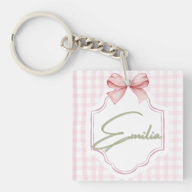 Personalized Emilia Baby Girl Nursery Bow&Gingham  Key Ring (Front)