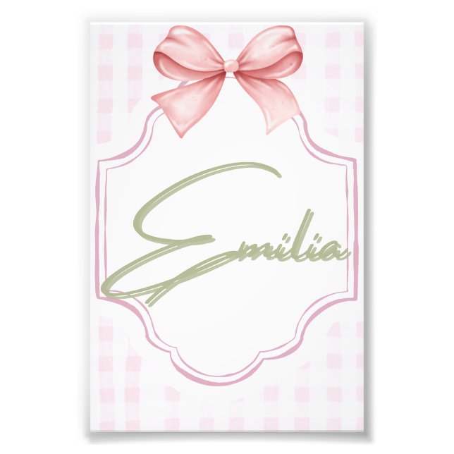 Personalized Emilia Baby Girl Nursery Bow&Gingham  Photo Print (Front)