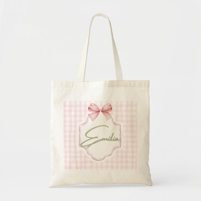 Personalized Emilia Baby Girl Nursery Bow&Gingham  Tote Bag (Front)