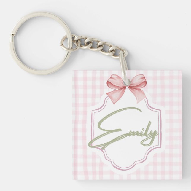 Personalized Emily Baby Girl Nursery Bow&Gingham  Key Ring (Front)