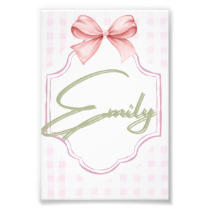Personalized Emily Baby Girl Nursery Bow&Gingham Photo Print