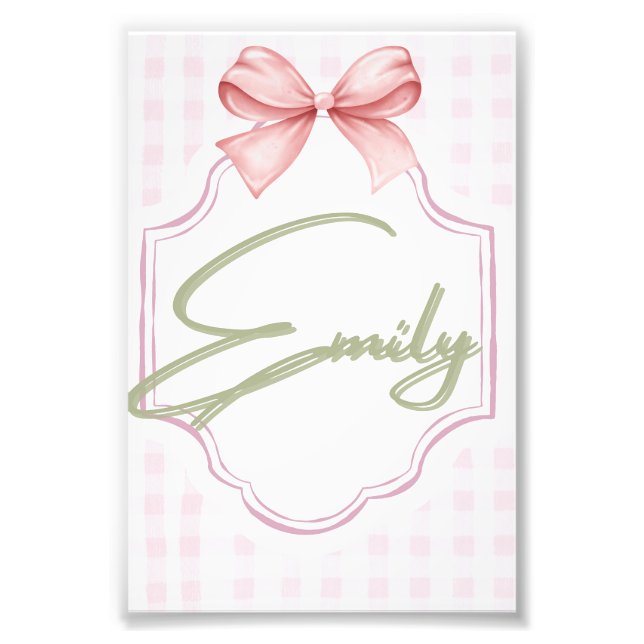 Personalized Emily Baby Girl Nursery Bow&Gingham  Photo Print (Front)