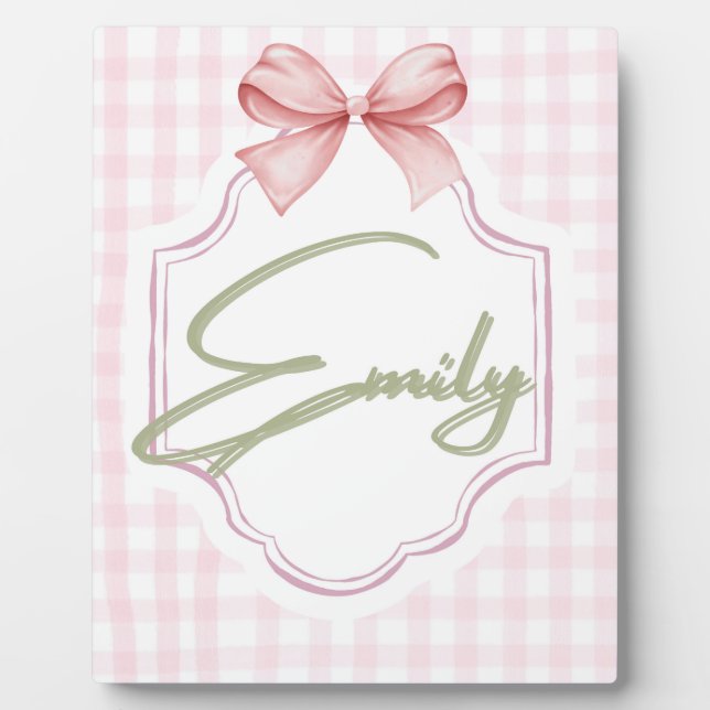 Personalized Emily Baby Girl Nursery Bow&Gingham  Plaque (Front)