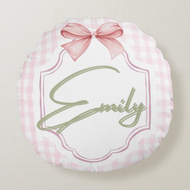 Personalized Emily Baby Girl Nursery Bow&Gingham  Round Cushion (Front)