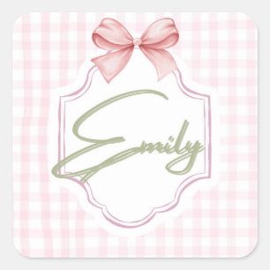 Personalized Emily Baby Girl Nursery Bow&Gingham  Square Sticker