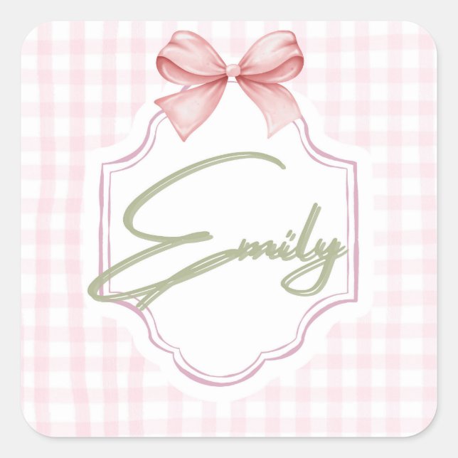 Personalized Emily Baby Girl Nursery Bow&Gingham  Square Sticker (Front)