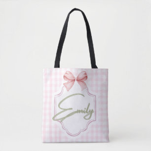 Personalized Emily Baby Girl Nursery Bow&Gingham Tote Bag