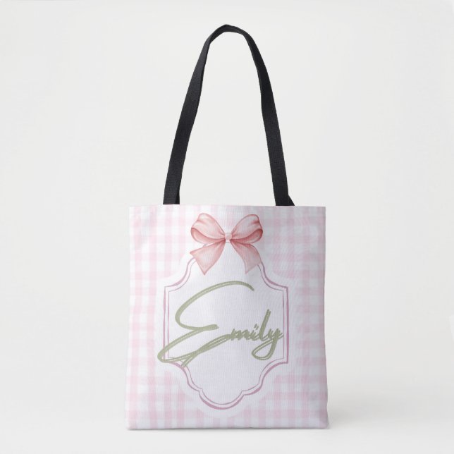 Personalized Emily Baby Girl Nursery Bow&Gingham  Tote Bag (Front)