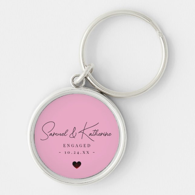 Personalized Engagement Date Pink Heart Script Key Ring (Front)
