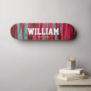 Personalized Est Colorful Abstract Red &Pink Skateboard