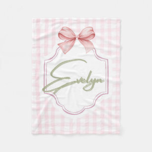 Personalized Evelyn Baby Girl Nursery Bow&Gingham Fleece Blanket