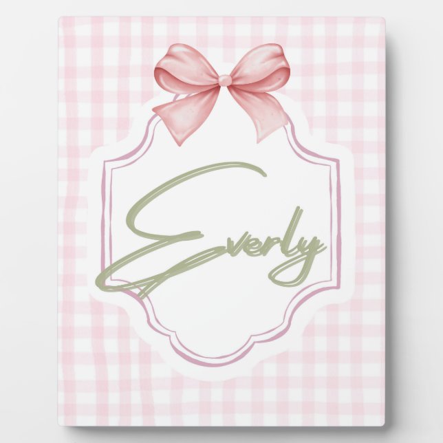 Personalized Everly Baby Girl Nursery Bow&Gingham Plaque (Front)