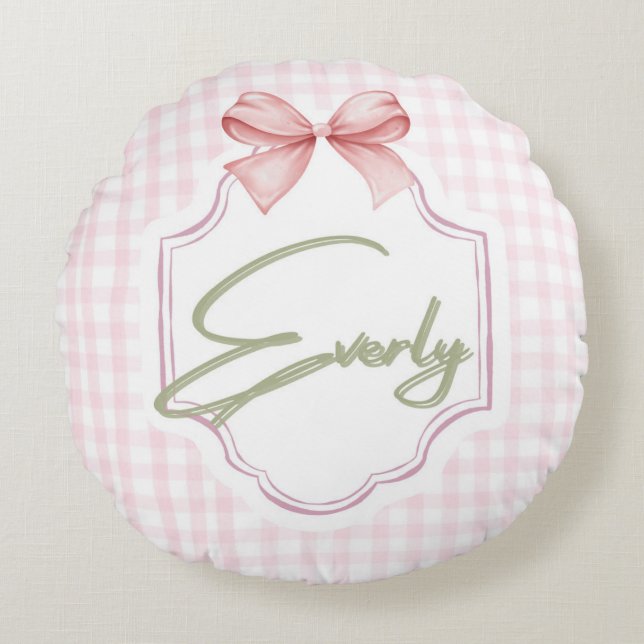 Personalized Everly Baby Girl Nursery Bow&Gingham Round Cushion (Front)