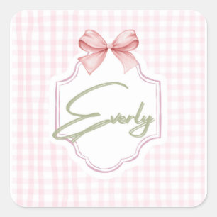 Personalized Everly Baby Girl Nursery Bow&Gingham Square Sticker