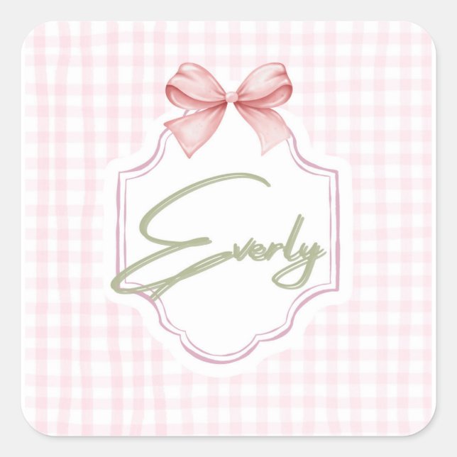 Personalized Everly Baby Girl Nursery Bow&Gingham Square Sticker (Front)