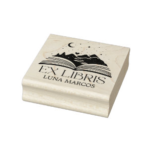 Personalized Ex Libris with a Book and Stars Heart Rubber Stamp