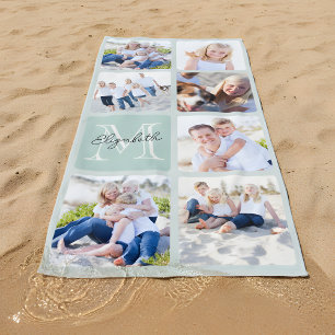 Personalized Family 7 Photos Collage - Monogram Beach Towel