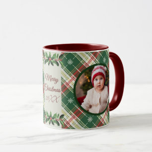 Personalized Family Christmas White, Green Plaid Mug