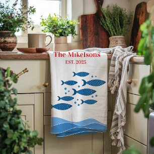 Personalized Family Modern Blue Coastal Fish Tea Towel