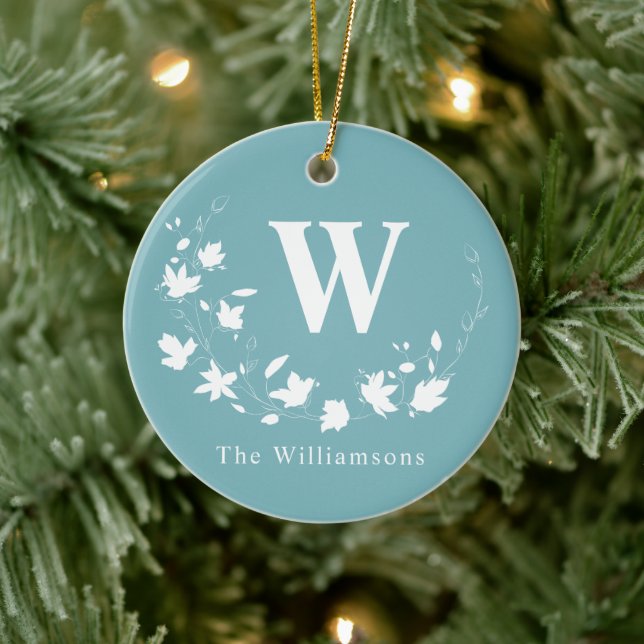 Personalized Family Monogram Teal Blue Botanical Ceramic Tree Decoration (Tree)