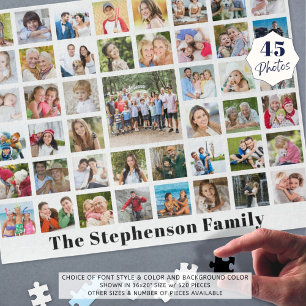Personalized Family Name 45 Photo Collage White Jigsaw Puzzle