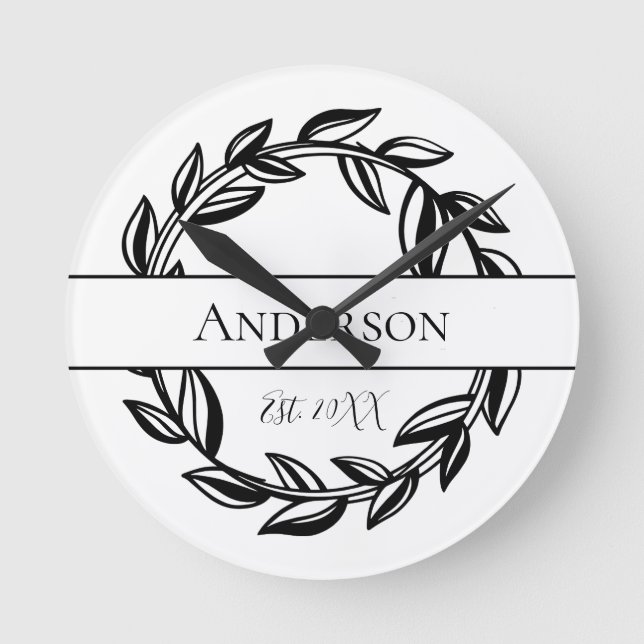 Personalized Family Name Black White Leaf  Round Clock (Front)