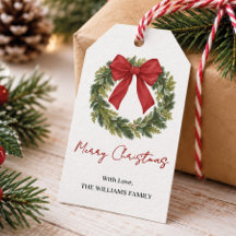 Personalized Family Name Christmas Wreath Red Bow