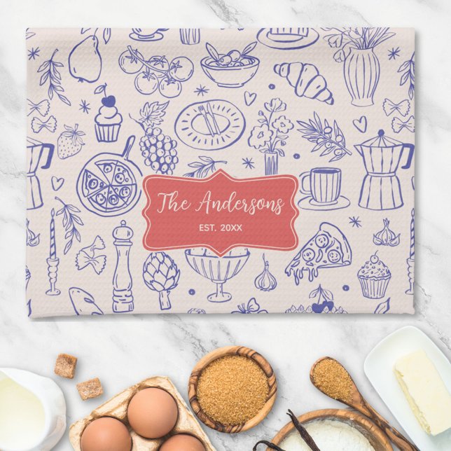 Personalized Family Name Cute Hand Drawn Food Tea Towel (In situ)
