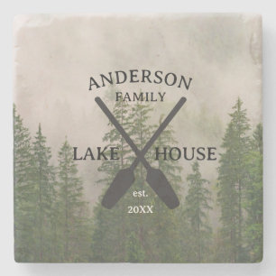 Personalized Family Name Lake House  Stone Coaster