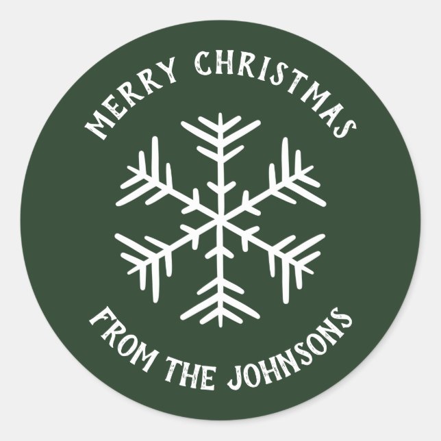 Personalized Family Name Merry Christmas Snowflake Classic Round Sticker (Front)