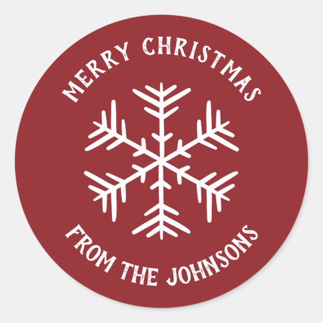 Personalized Family Name Merry Christmas Snowflake Classic Round Sticker (Front)