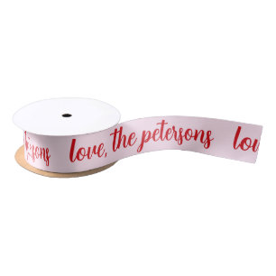 Personalized Family Name Red Modern Script Holiday Satin Ribbon