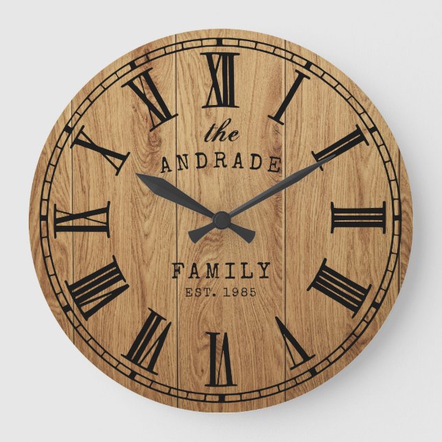 Personalized Family Name Rustic Farmhouse Wooden Large Clock (Front)