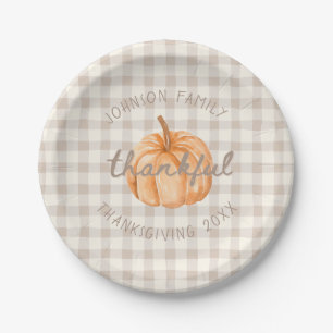 Personalized Family Name Thankful Neutral Gingham  Paper Plate