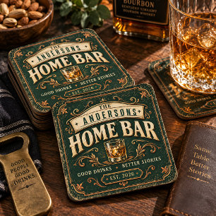 Personalized Family Name Vintage Home Bar Coaster