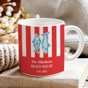 Personalized Family Nautical Red Sardine Stripes Two-Tone Coffee Mug