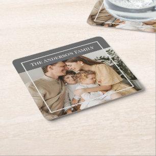 Personalized Family Photo Custom Family Name Square Paper Coaster