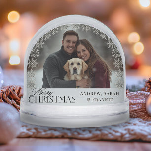 Personalized family photo dog merry christmas snowglobe